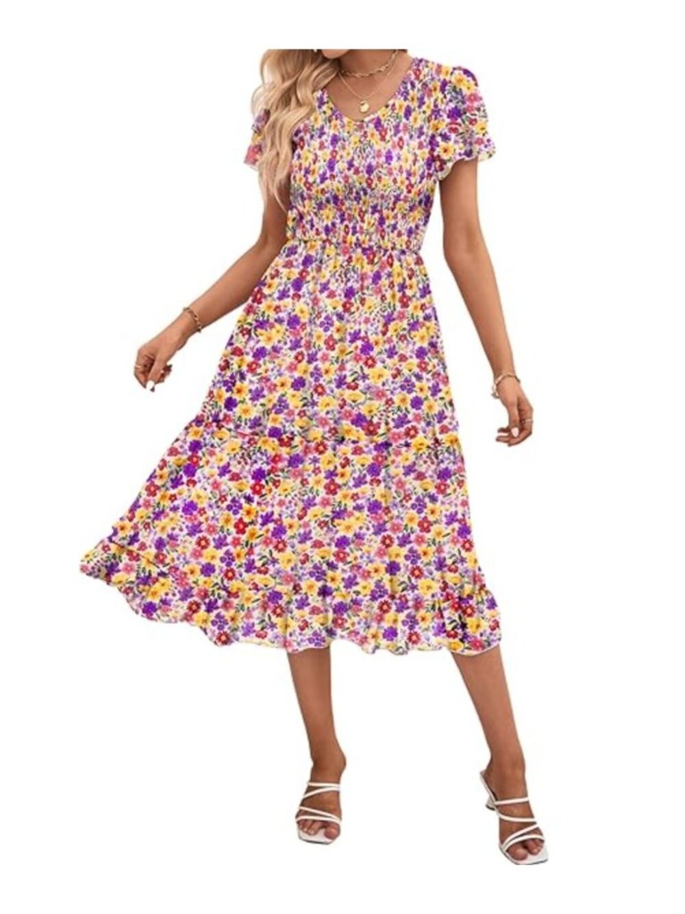 Floral Print Smocked Bodice Flutter Sleeve Chiffon Midi Dress Size L V-Neck